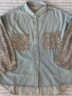 POL Oversized Leopard Print Denim Shirt Shacket 3XL Boho Chic Vintage Wash